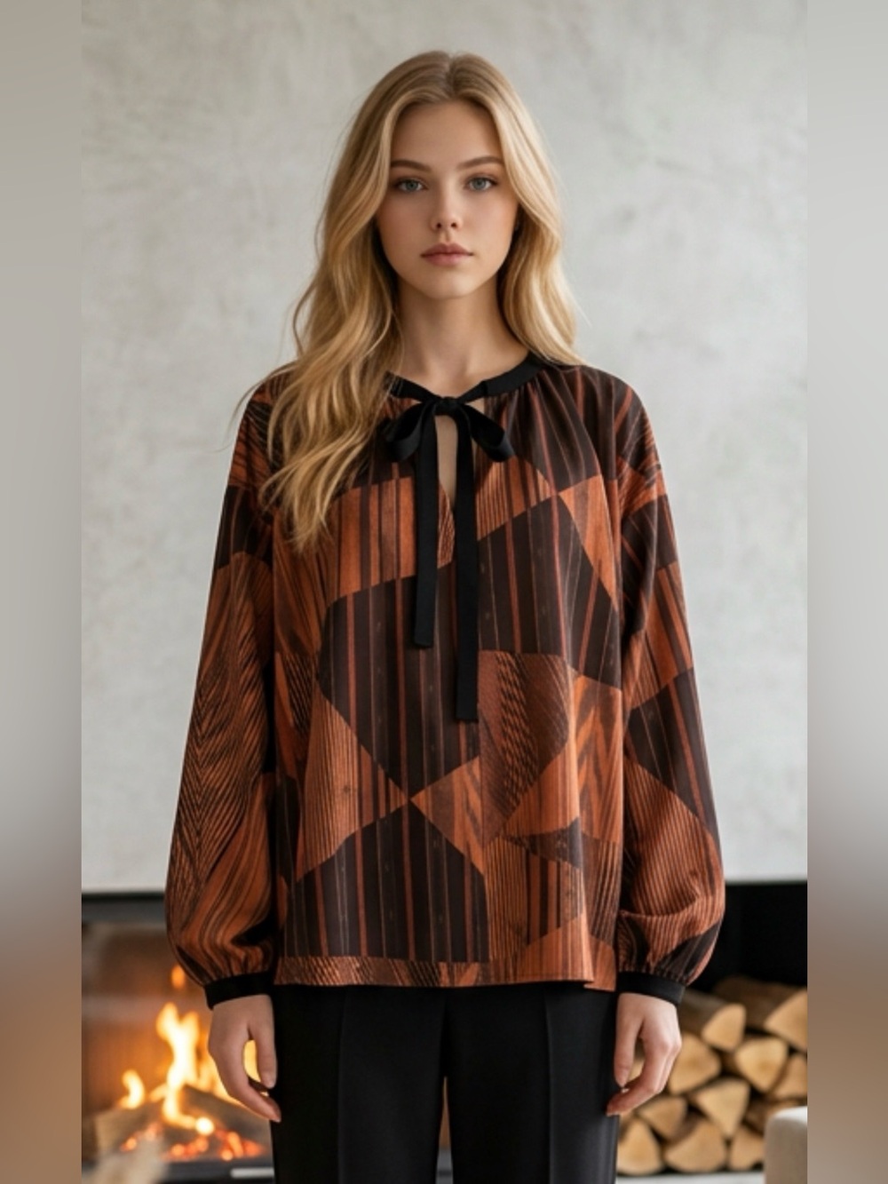 Zara Brown Geometric Tie-Neck Blouse
